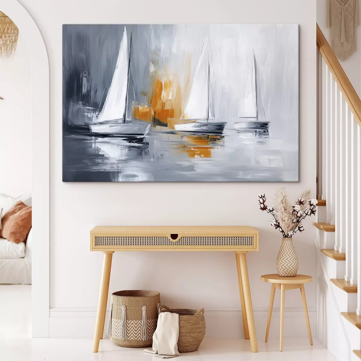  Schilderijen Zeilboten, abstractie, acrylstijl tekening, grijs en oranje s43499