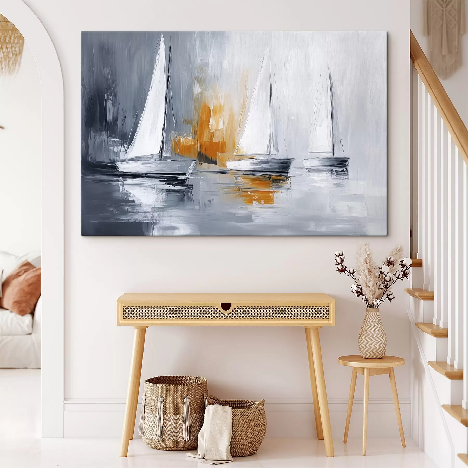 Fotobehang Zeilboten, abstractie, acrylstijl tekening, grijs en oranje s43499