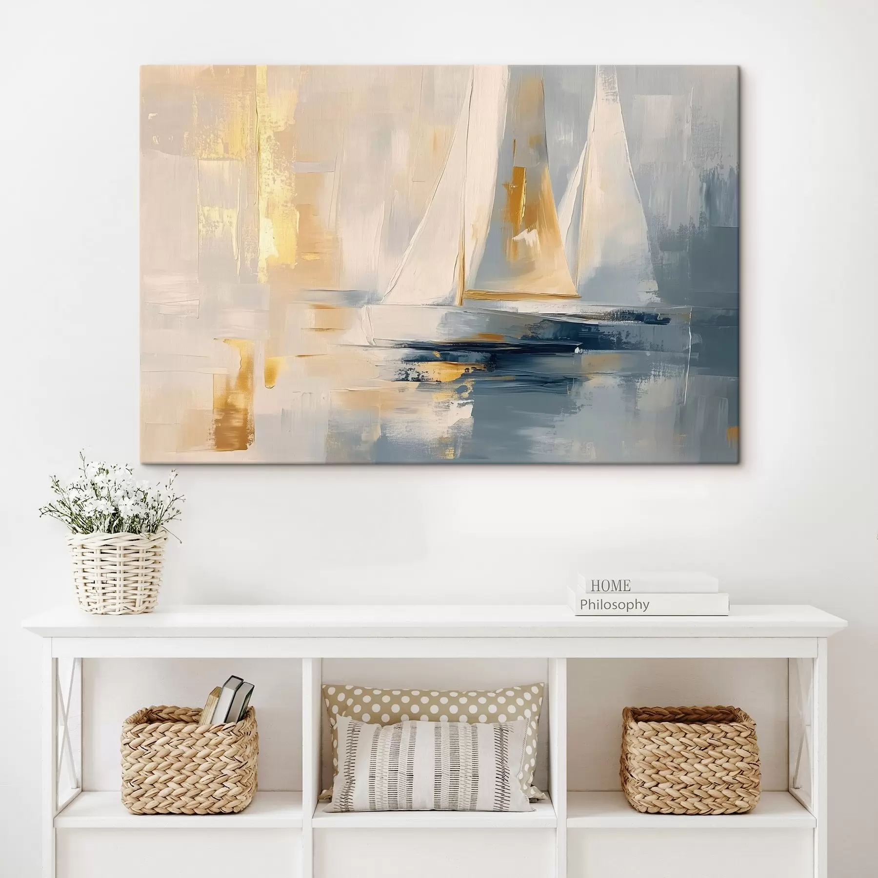 Papier peint photo Abstraction avec les voiliers dans la mer, style acrylique, coucher de soleil s43500