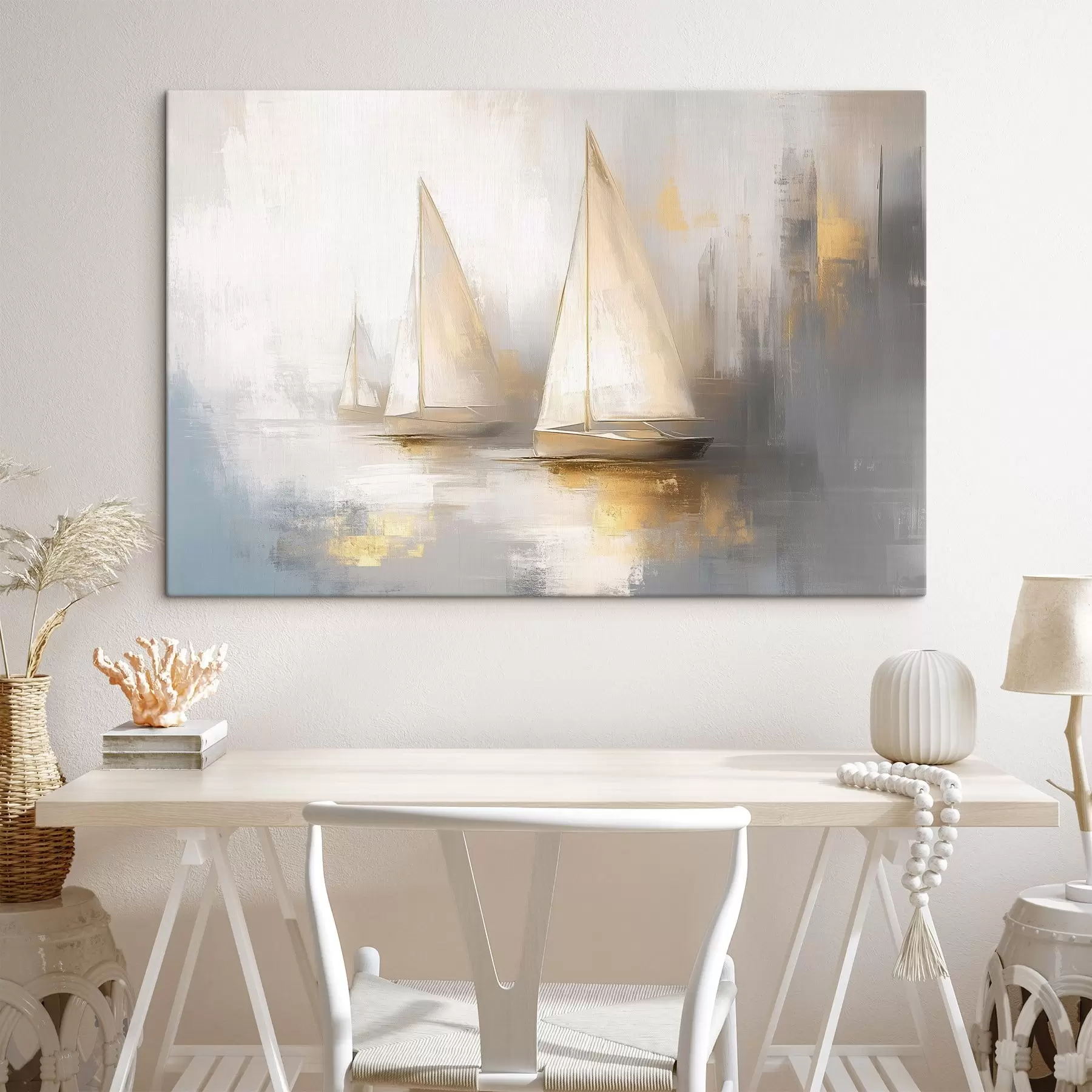 Papier peint photo Bateaux sur la mer, abstraction, style huile, couleurs beiges s43505