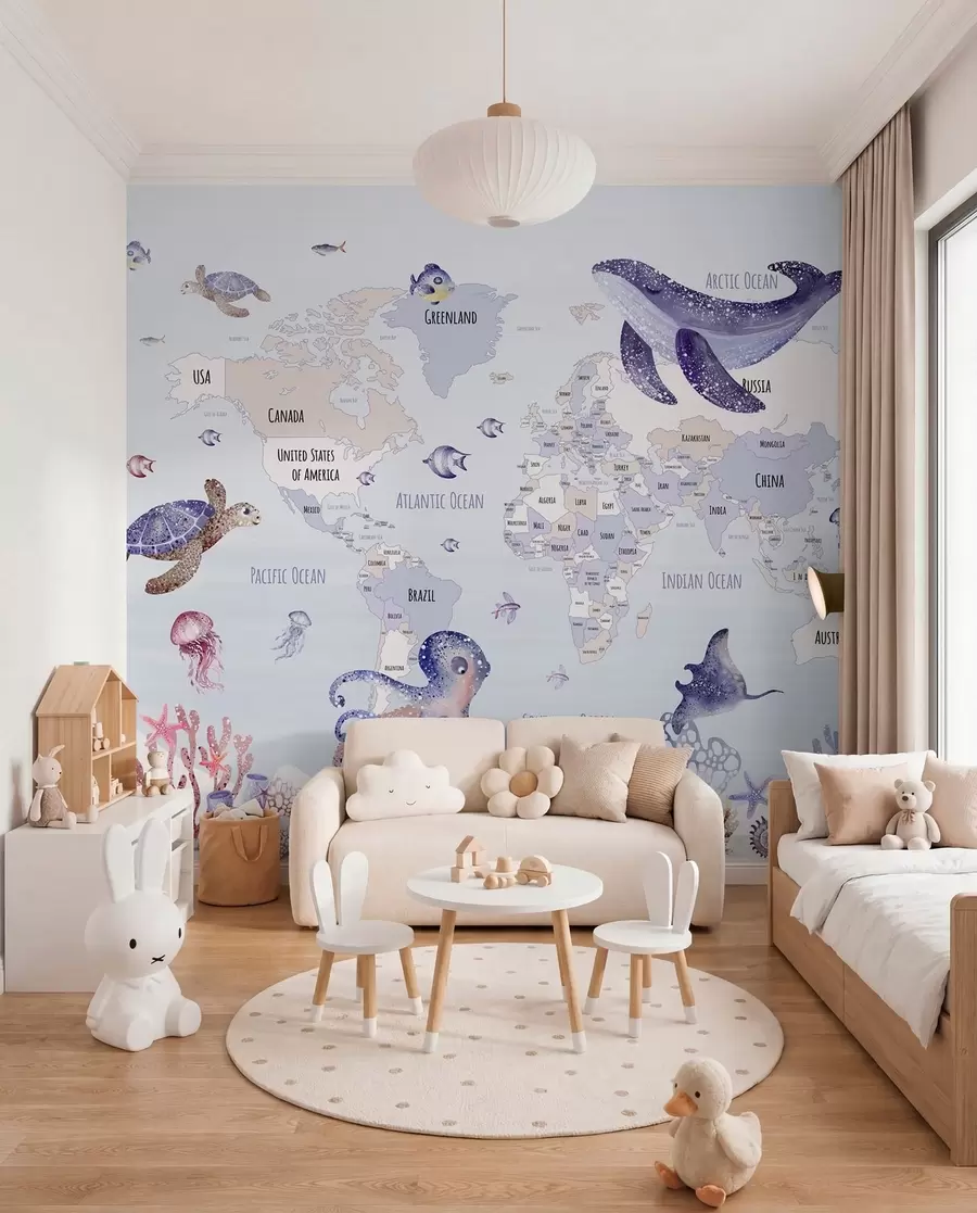 Fotobehang Onderwaterwereld met wereldkaart w03526v1