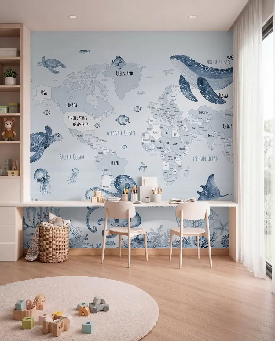 Fotobehang Onderwaterwereld met wereldkaart w03526v3