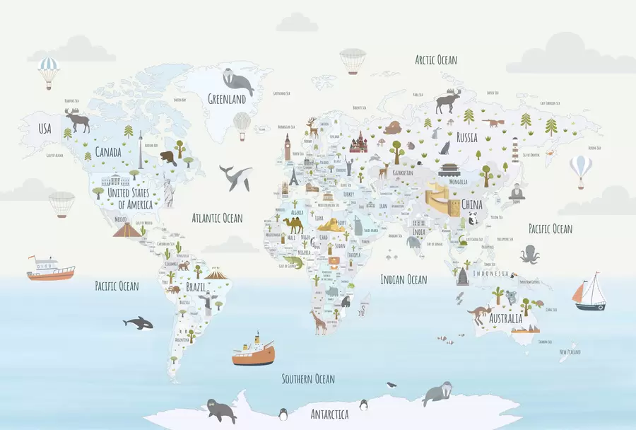 Fotobehang Wereldkaart met dieren en oriëntatiepunten w03410