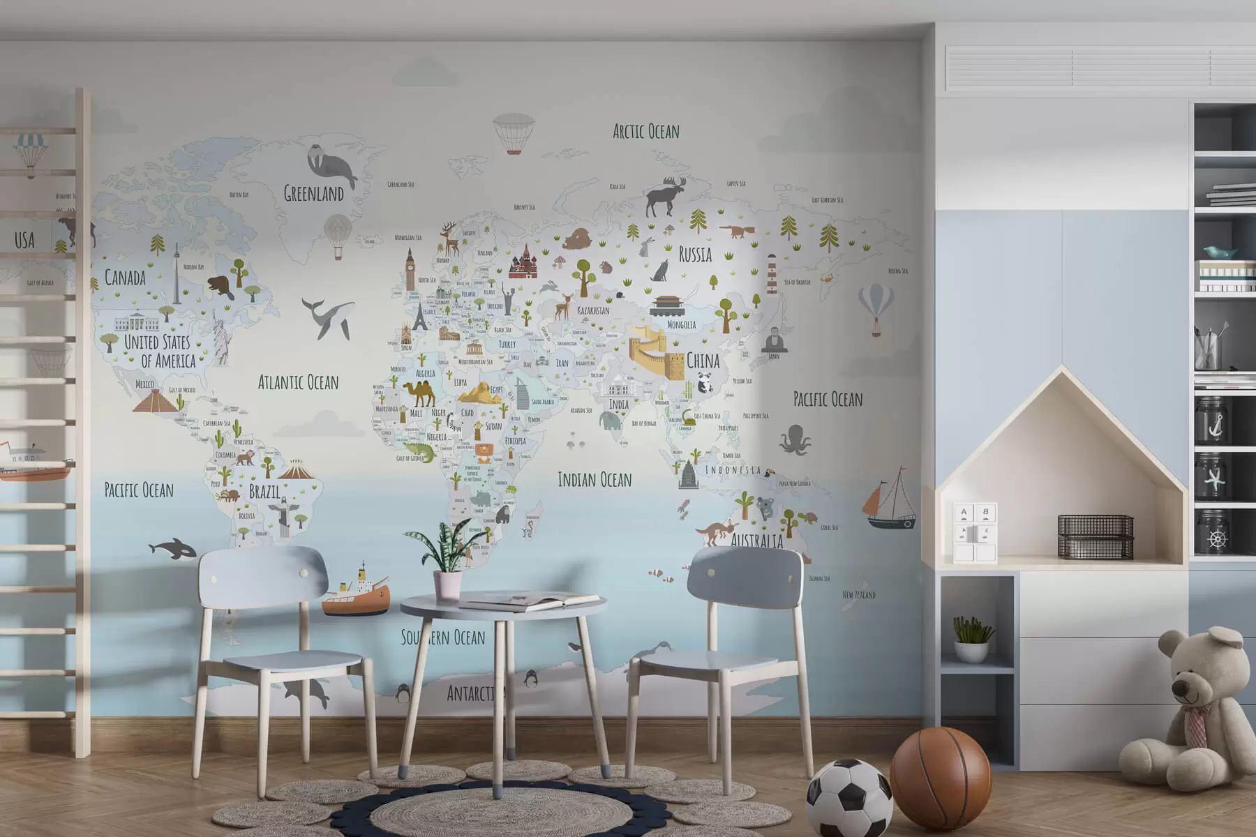 Fotobehang Wereldkaart met dieren en oriëntatiepunten w03410