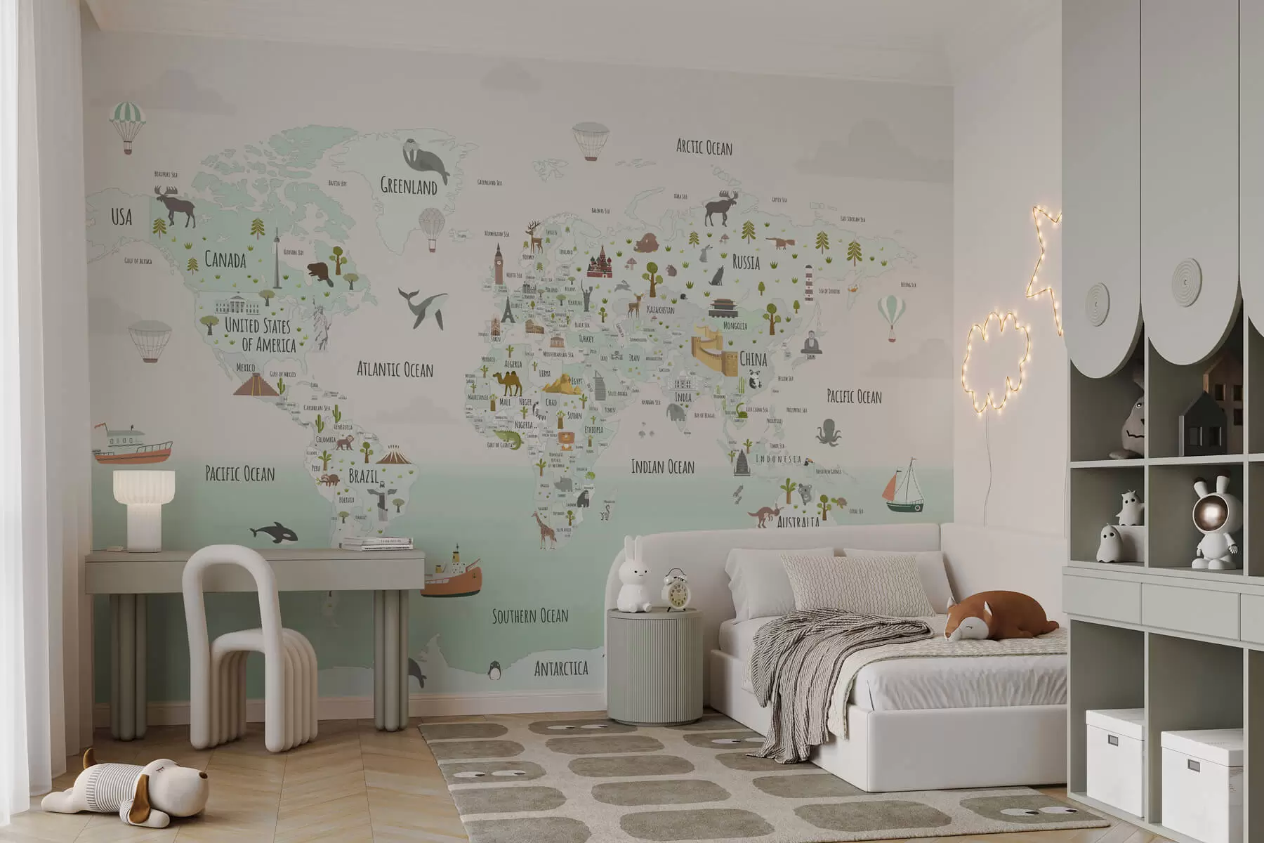 Fotobehang Wereldkaart met dieren en oriëntatiepunten w03410v2
