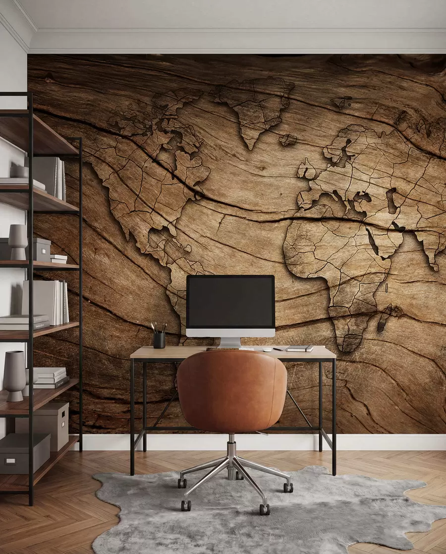 Fotobehang Wereldkaart op hout u53146