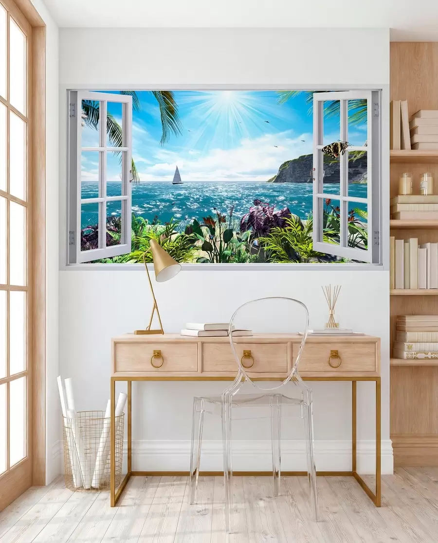 Fotobehang Uitzicht vanuit het raam naar de zee en het jacht u54608