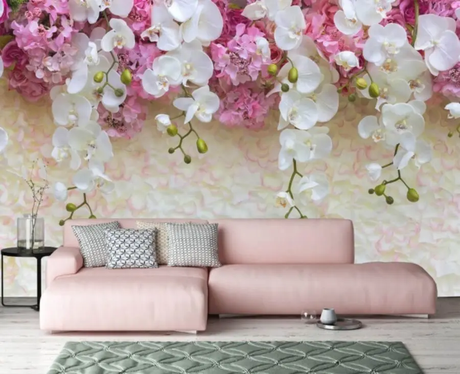 Fotobehang Roze en witte bloemen op bloemblaadjes u57056