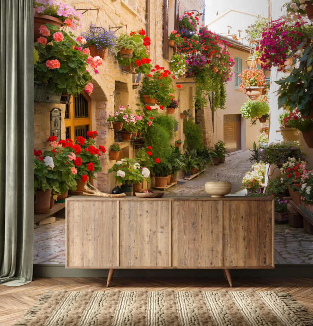 Fotobehang Italiaanse straat, bloemen u57180