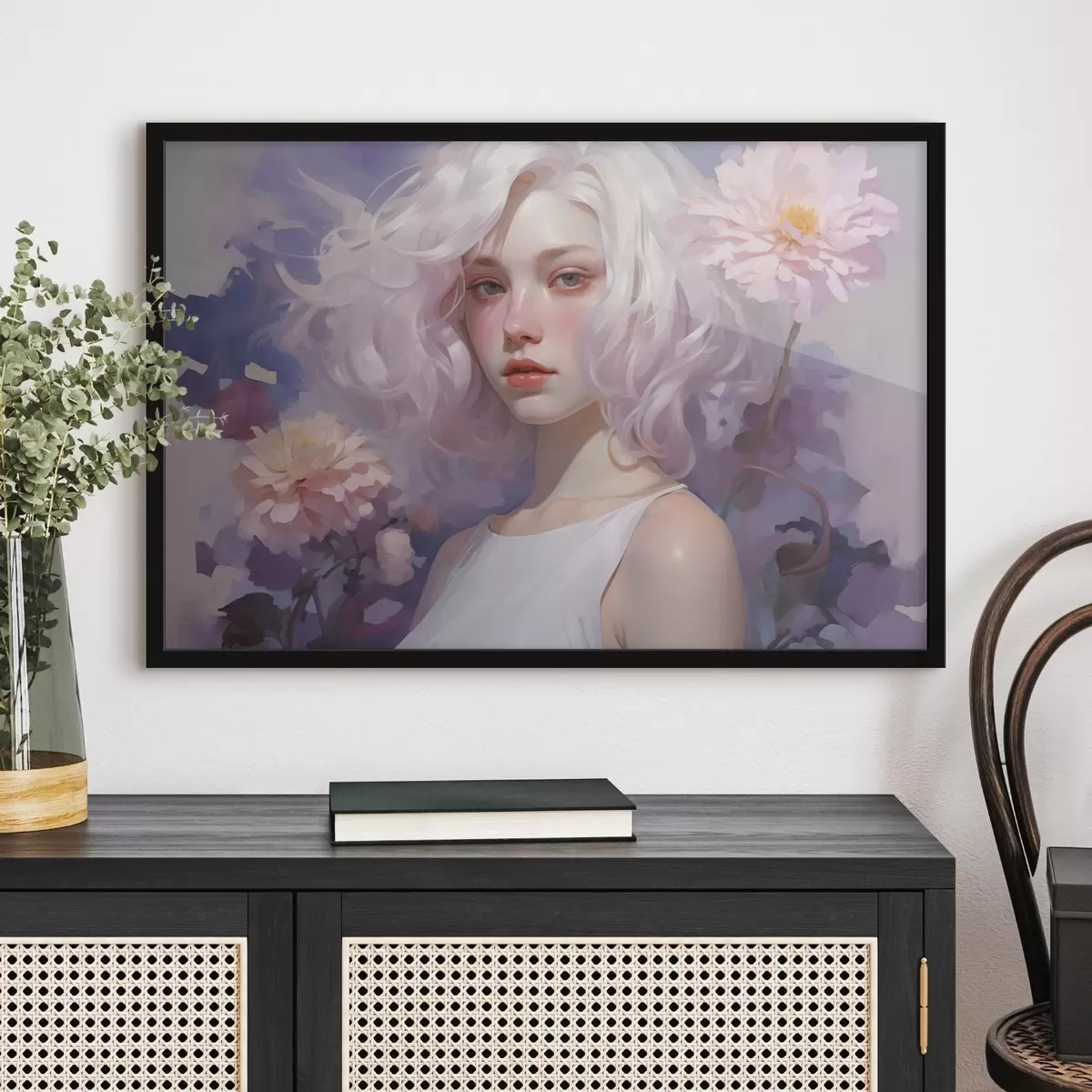 Poster Mooi meisje in de bloemen, acryl stijl tekening, Japan, paarse kleuren f43495