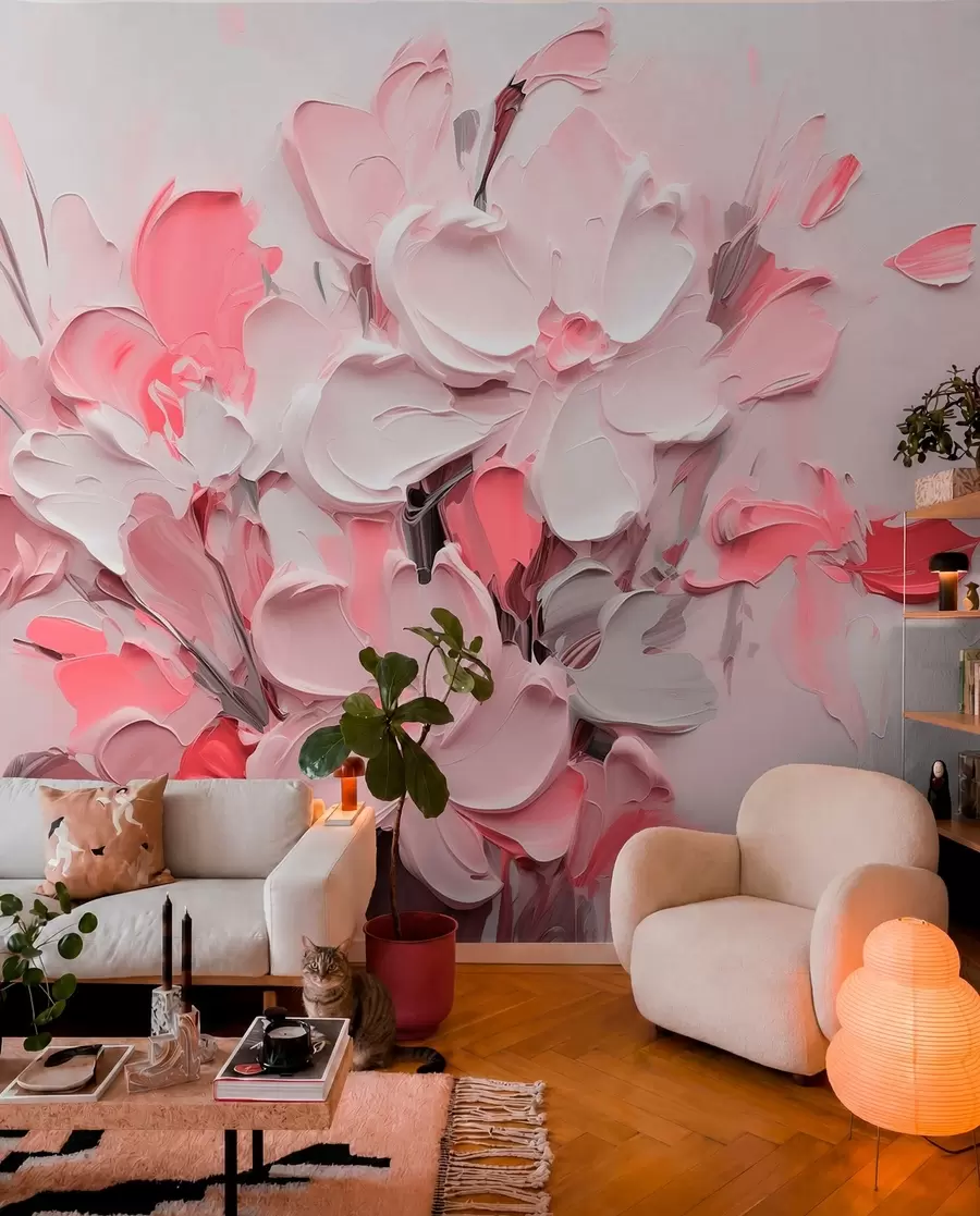 Fotobehang Abstracte volumetrische bloemen in olieverfstijl w03582v3