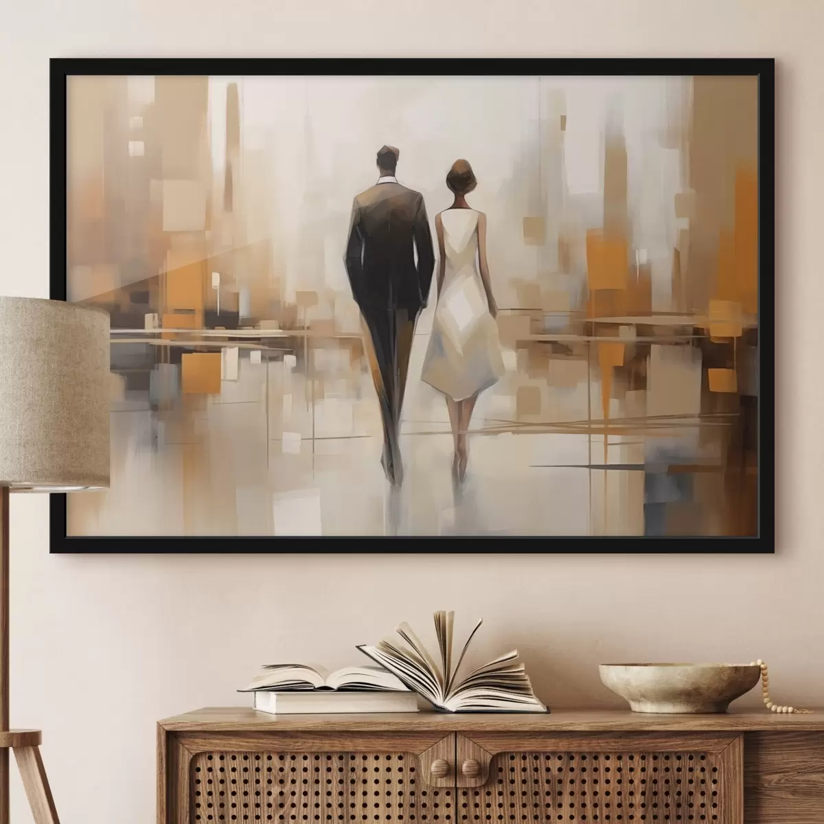 Affiche Abstraction avec des silhouettes de villes et deux personnages f43516
