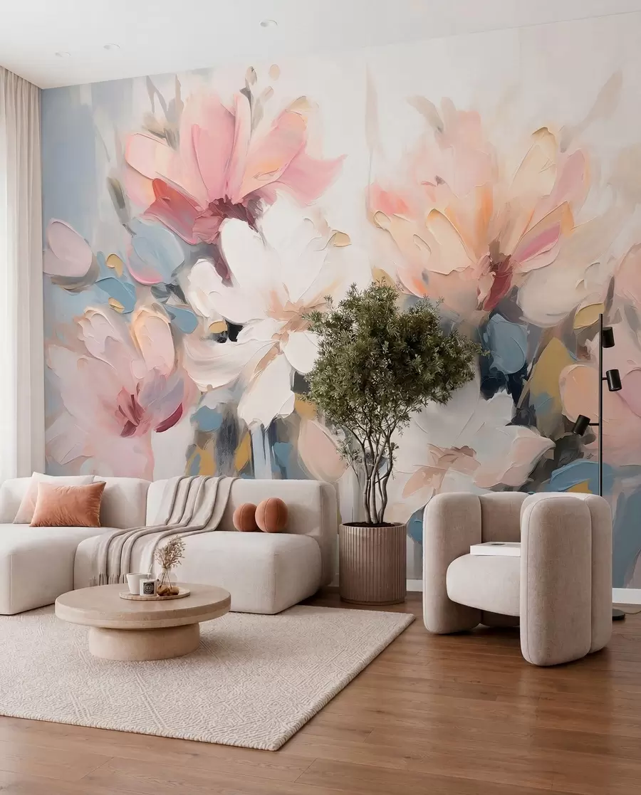 Fotobehang Abstracte bloemen in olieverfstijl in zachte tinten w03575