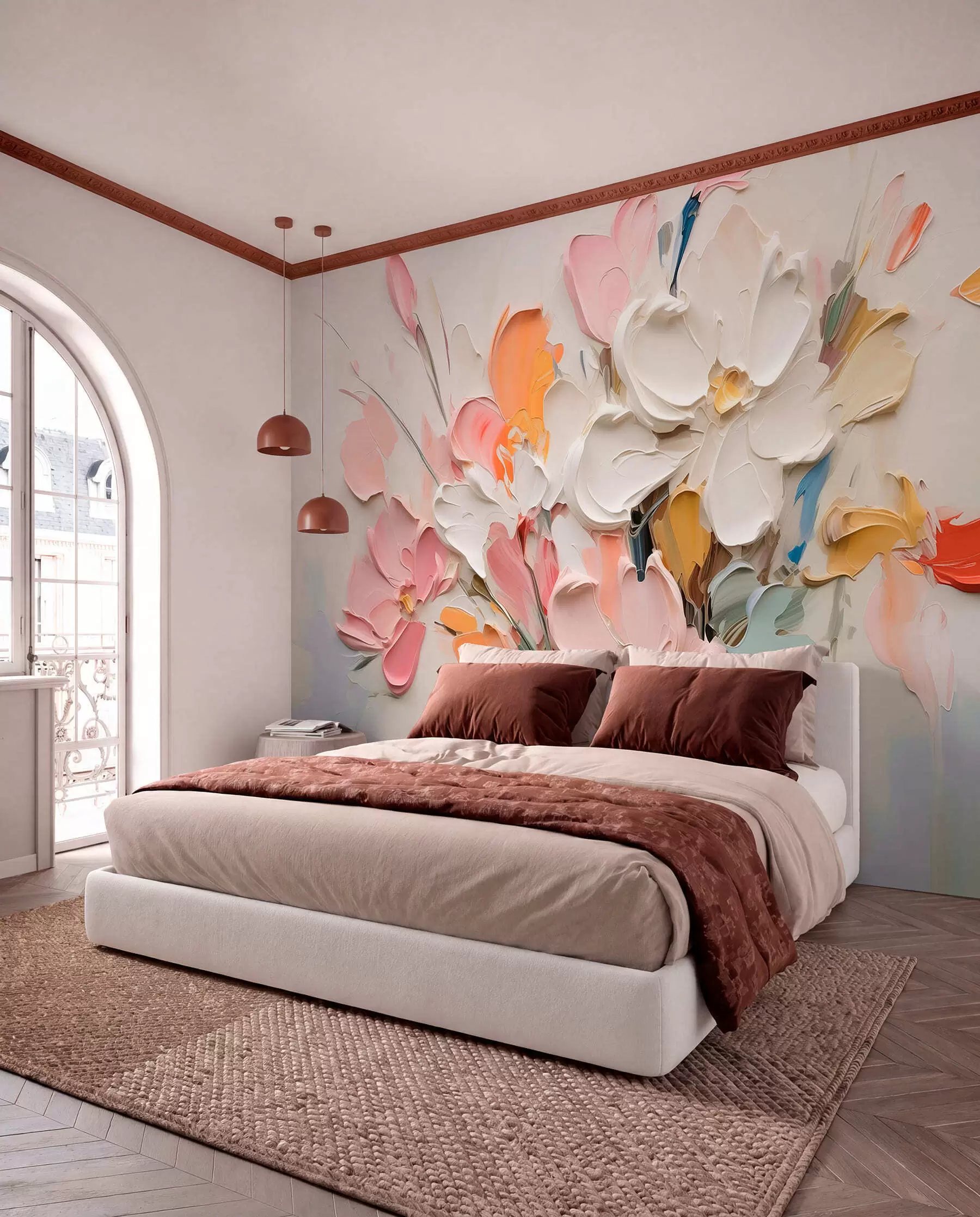 Fotobehang Abstracte volumetrische bloemen in olieverfstijl w03582
