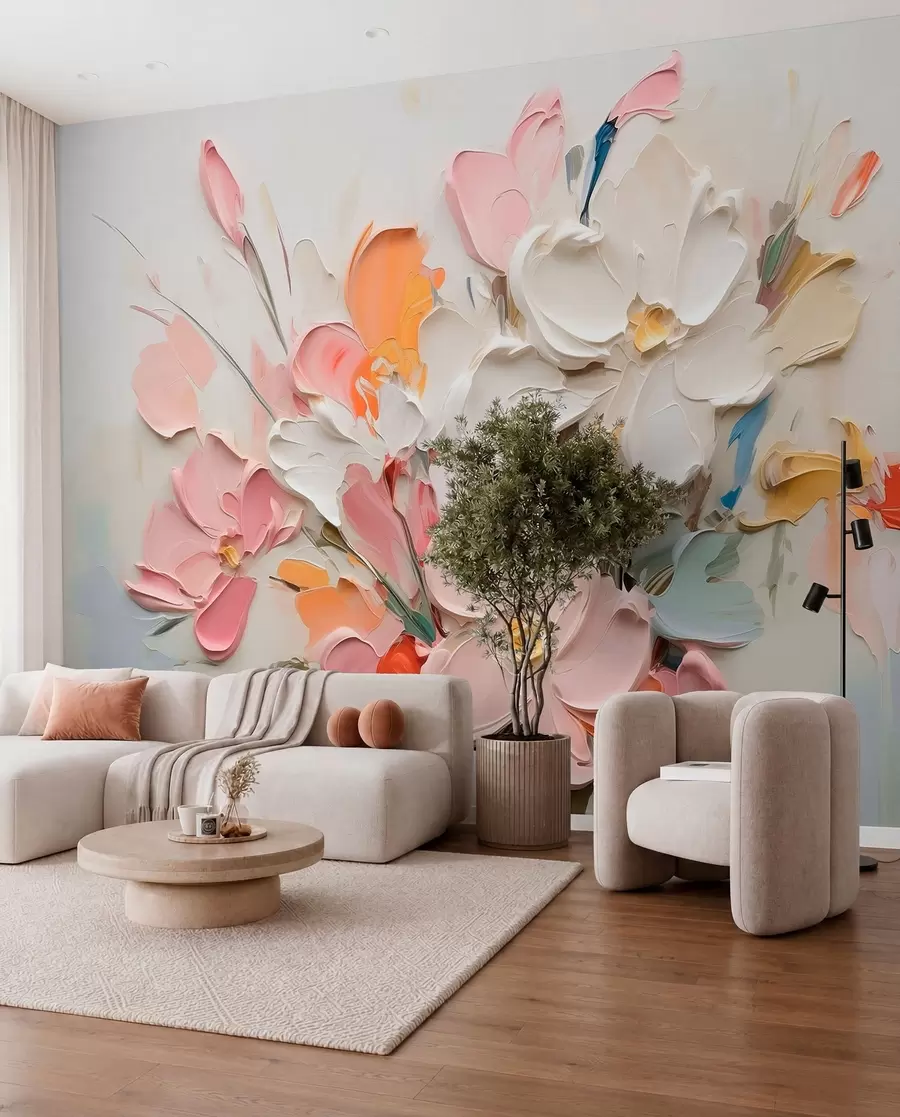 Fotobehang Abstracte volumetrische bloemen in olieverfstijl w03582