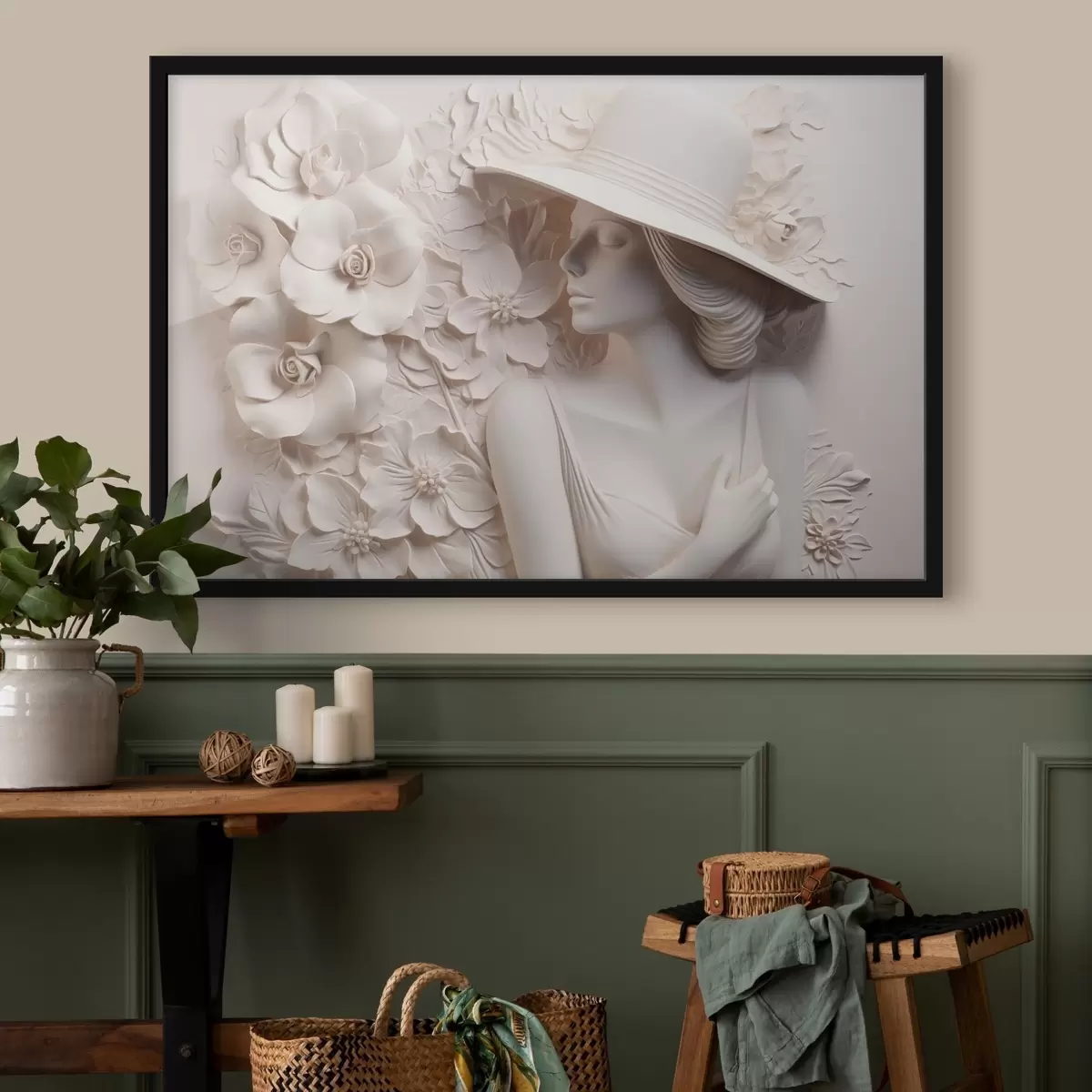 Poster Nagemaakt bas-reliëf van een vrouw met hoed f43547