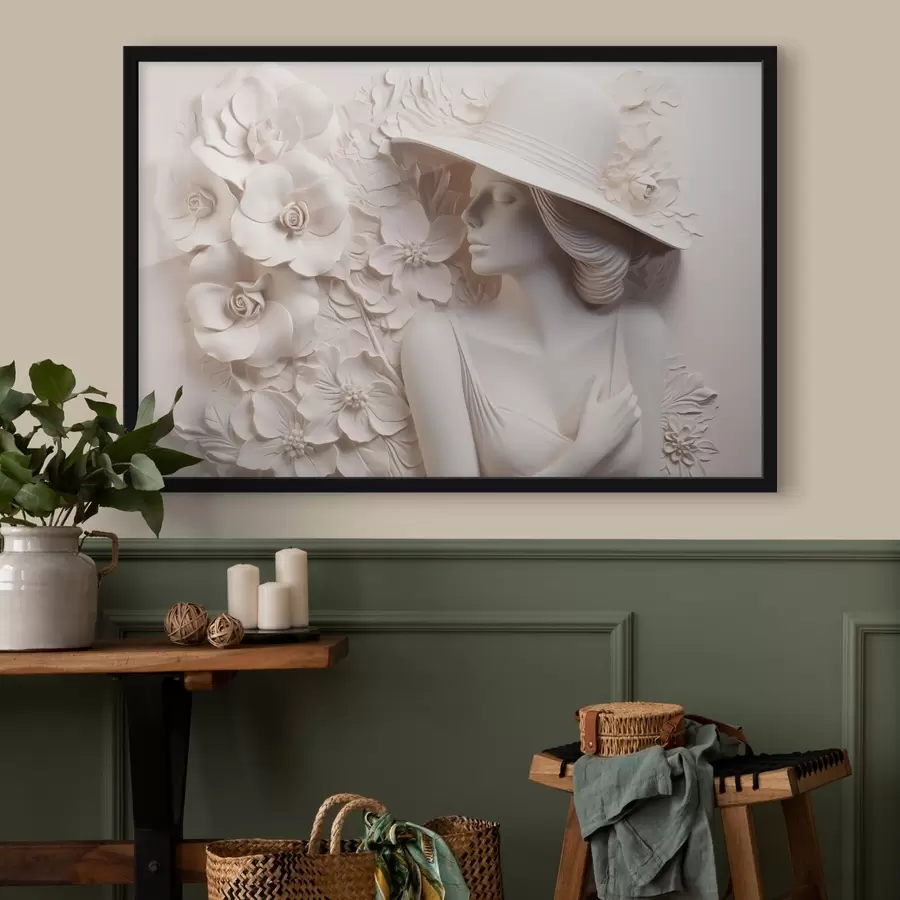 Fotobehang Nagemaakt bas-reliëf van een vrouw met hoed f43547