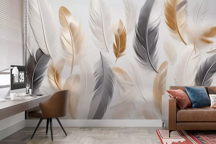 Papier peint photo Plumes beige-gris dans des tons doux et calmes w08955