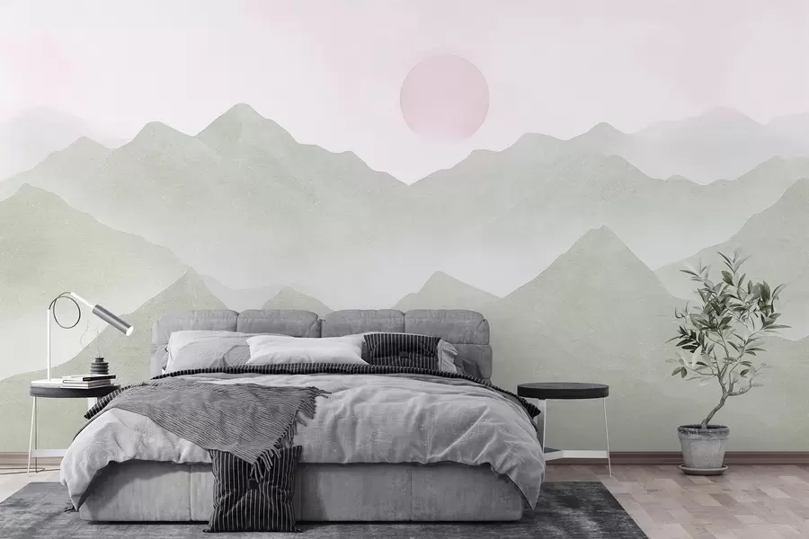 Papier peint photo Paysage de montagne de style boho, coucher de soleil, pastel doux, vert w03547