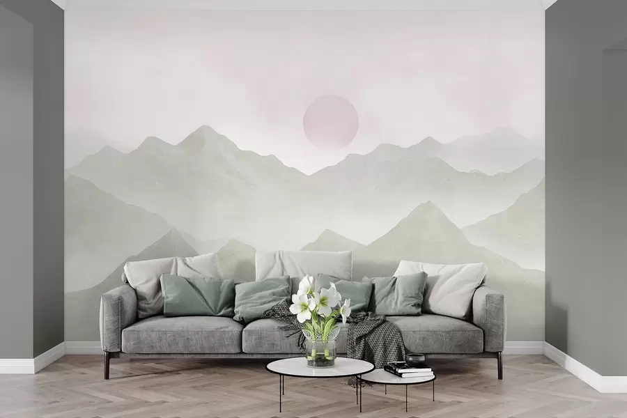 Fotobehang Boho stijl bergen landschap, zonsondergang, zachte pastel, groen w03547