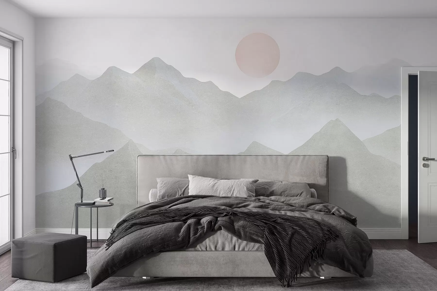 Fotobehang Boho stijl bergen landschap, zonsondergang, zachte pastel, grijs w03547v1