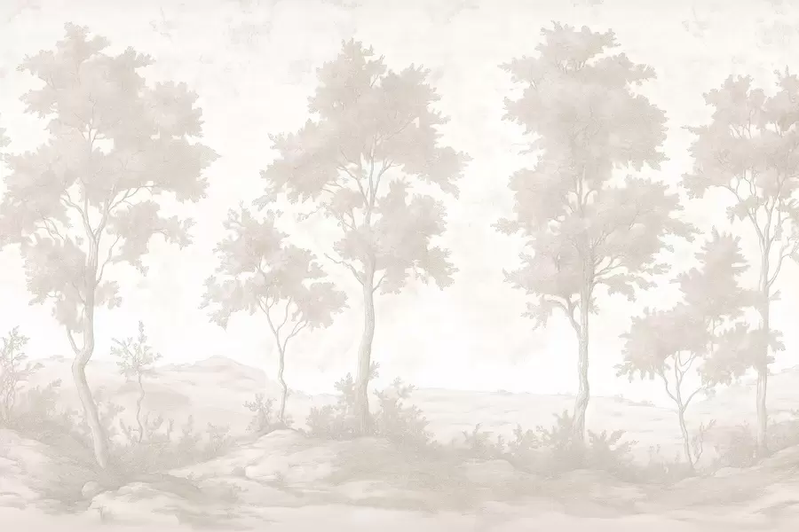 Papier peint photo Arbres sur la colline, dessin de style pastel, couleurs beiges, rustique w03550