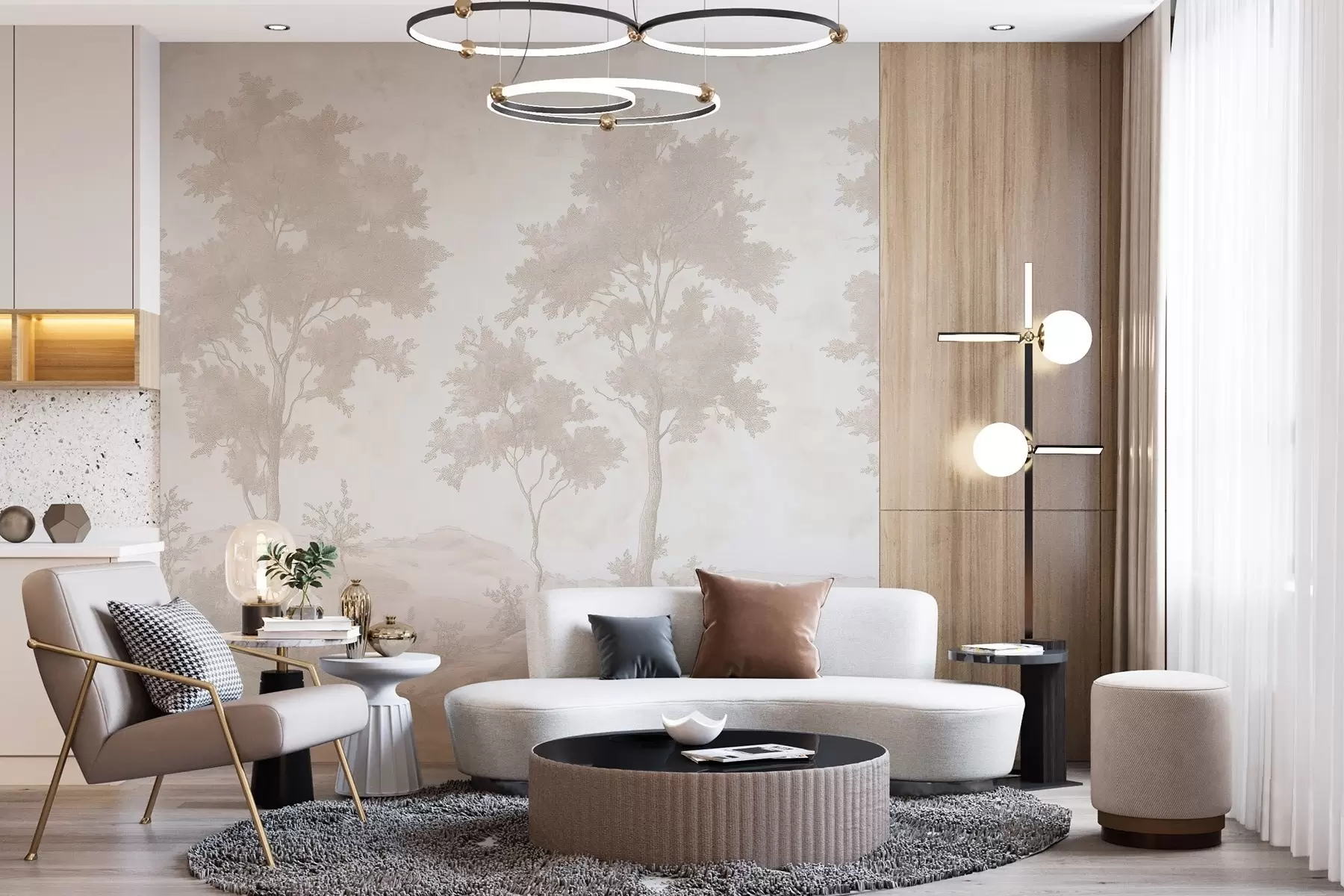 Fotobehang Bomen op de heuvel, pastel stijl tekening, beige kleuren, rustiek w03550