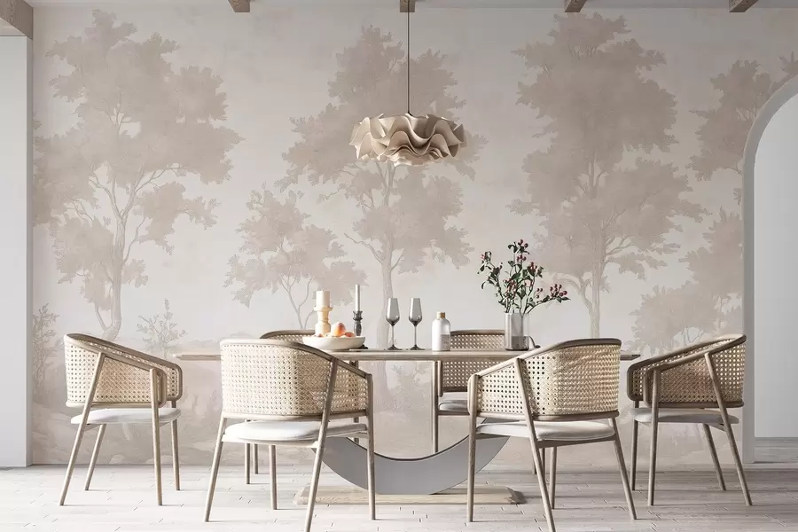 Fotobehang Bomen op de heuvel, pastel stijl tekening, beige kleuren, rustiek w03550