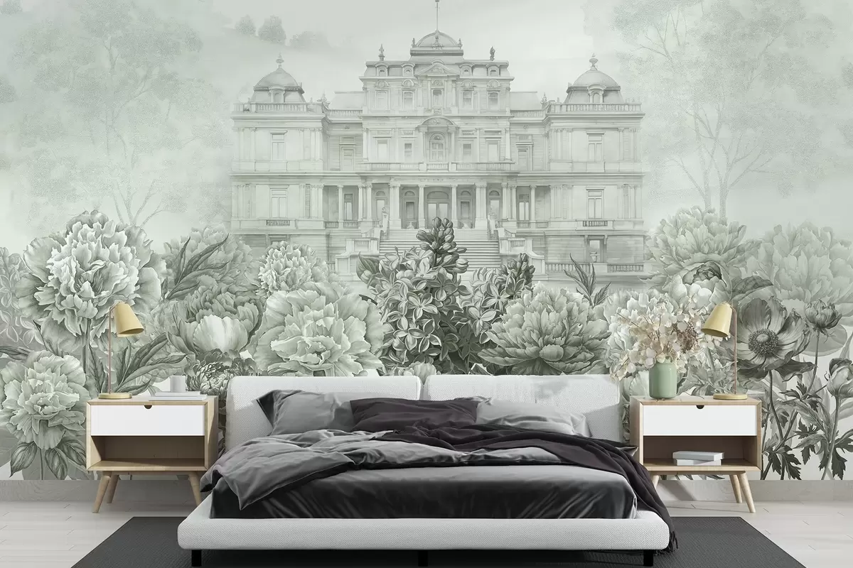 Fotobehang Koninklijk paleis met pioenentuin, aquarelstijl, natuur, groene kleuren, boho w03552v2