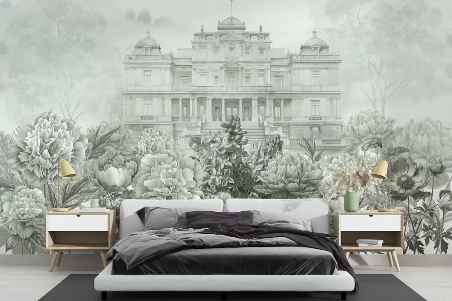 Fotobehang Koninklijk paleis met pioenentuin, aquarelstijl, natuur, groene kleuren, boho w03552v2