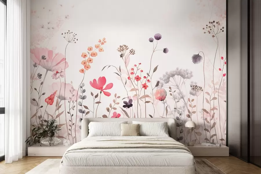 Fotobehang Wilde bloemen in aquarelstijl met klaprozen, chrysanten, paardenbloemen en gras w08956