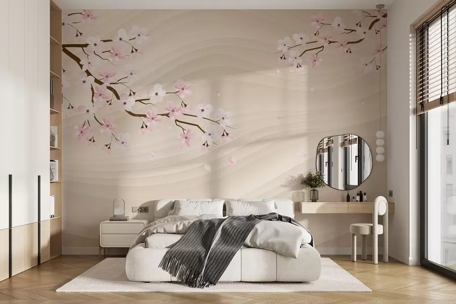 Papier peint photo Branches de sakura sur fond de sable ondulé w08959