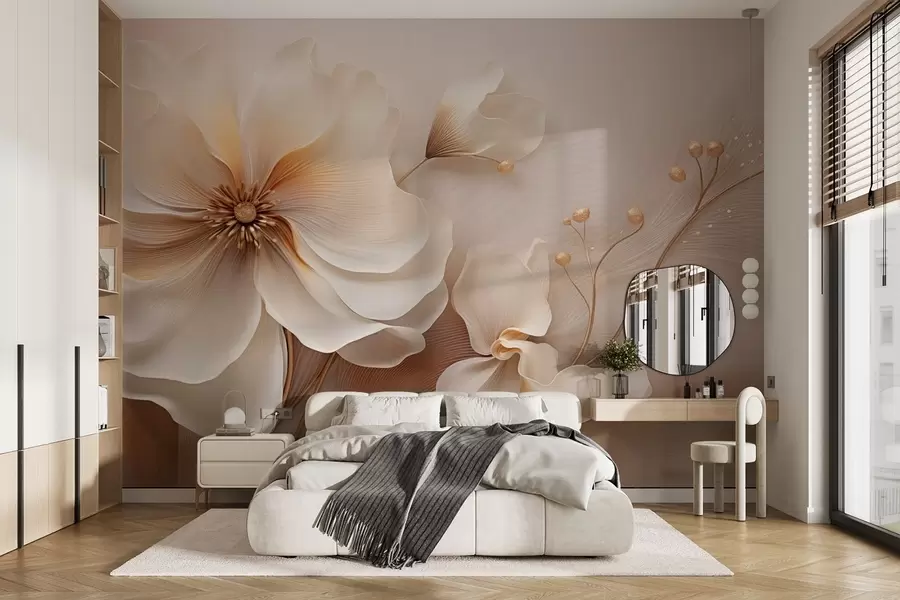 Fotobehang Beige en lichtbruine wilde grassen met bloemen in beige tinten w08960