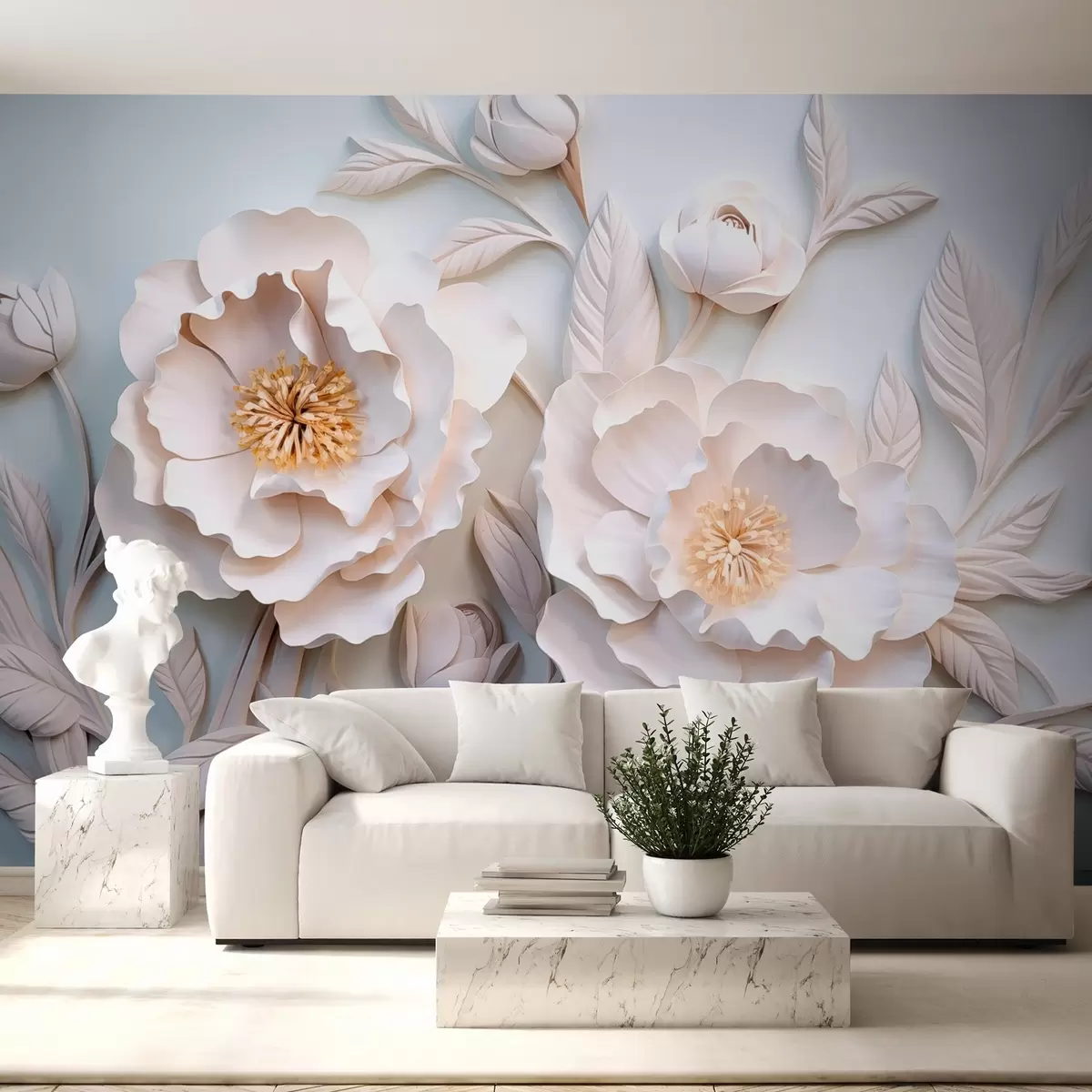 Papier peint photo pivoines en relief en 3D dans un style fresque avec un accent jaune w08967