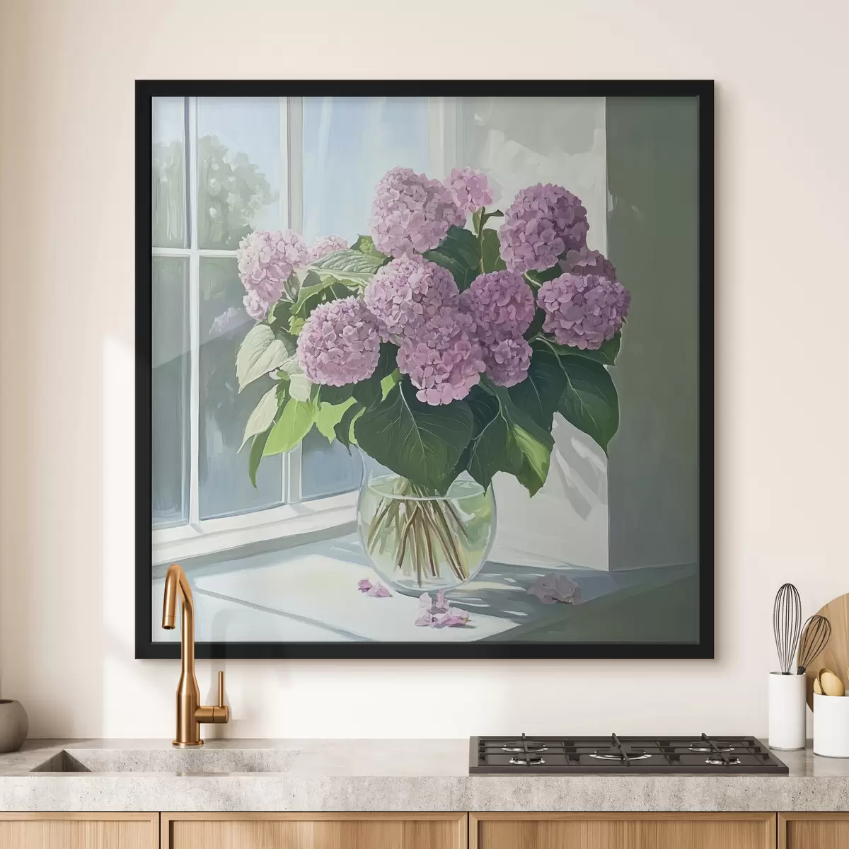 Poster Boeket paarse bloemen op het raam f43906