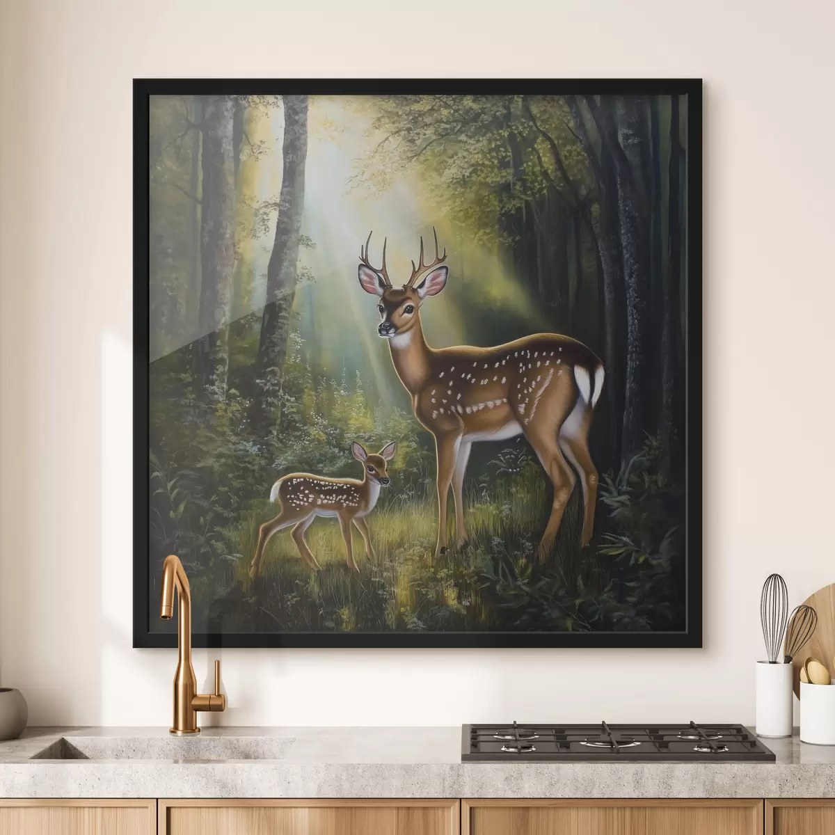 Poster Hert en reekalf in het bos f43915