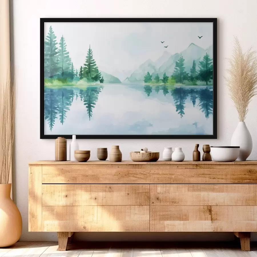 Fotobehang Meer bij de berg in aquarelstijl f43922