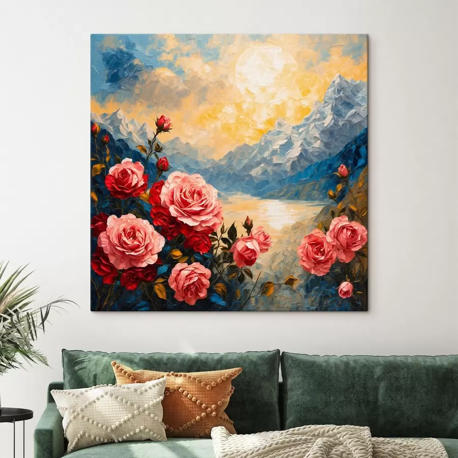  Peintures Roses sur fond de montagnes dans le style de la peinture à l'huile s43457