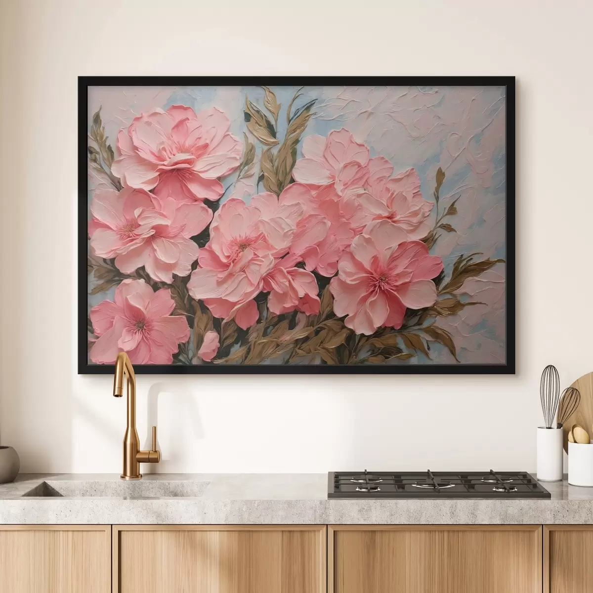 Affiche Fleurs et feuilles roses en peinture à l'huile f43453