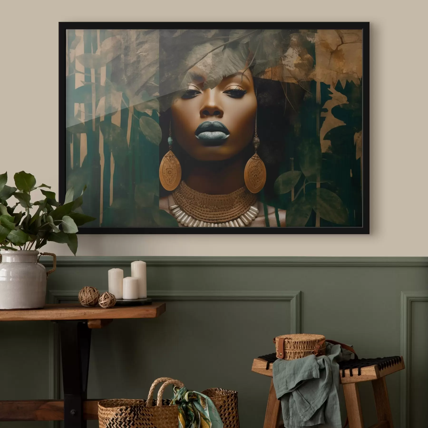 Fotobehang Meisjesgezicht op abstracte bosachtergrond f43466