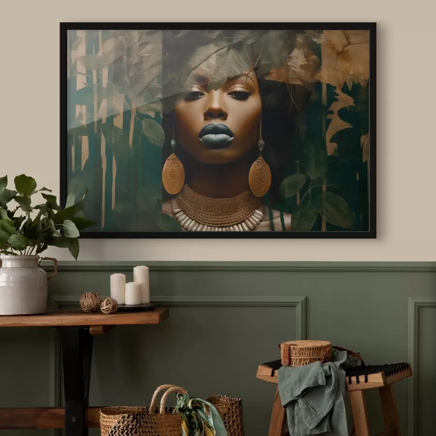 Fotobehang Meisjesgezicht op abstracte bosachtergrond f43466