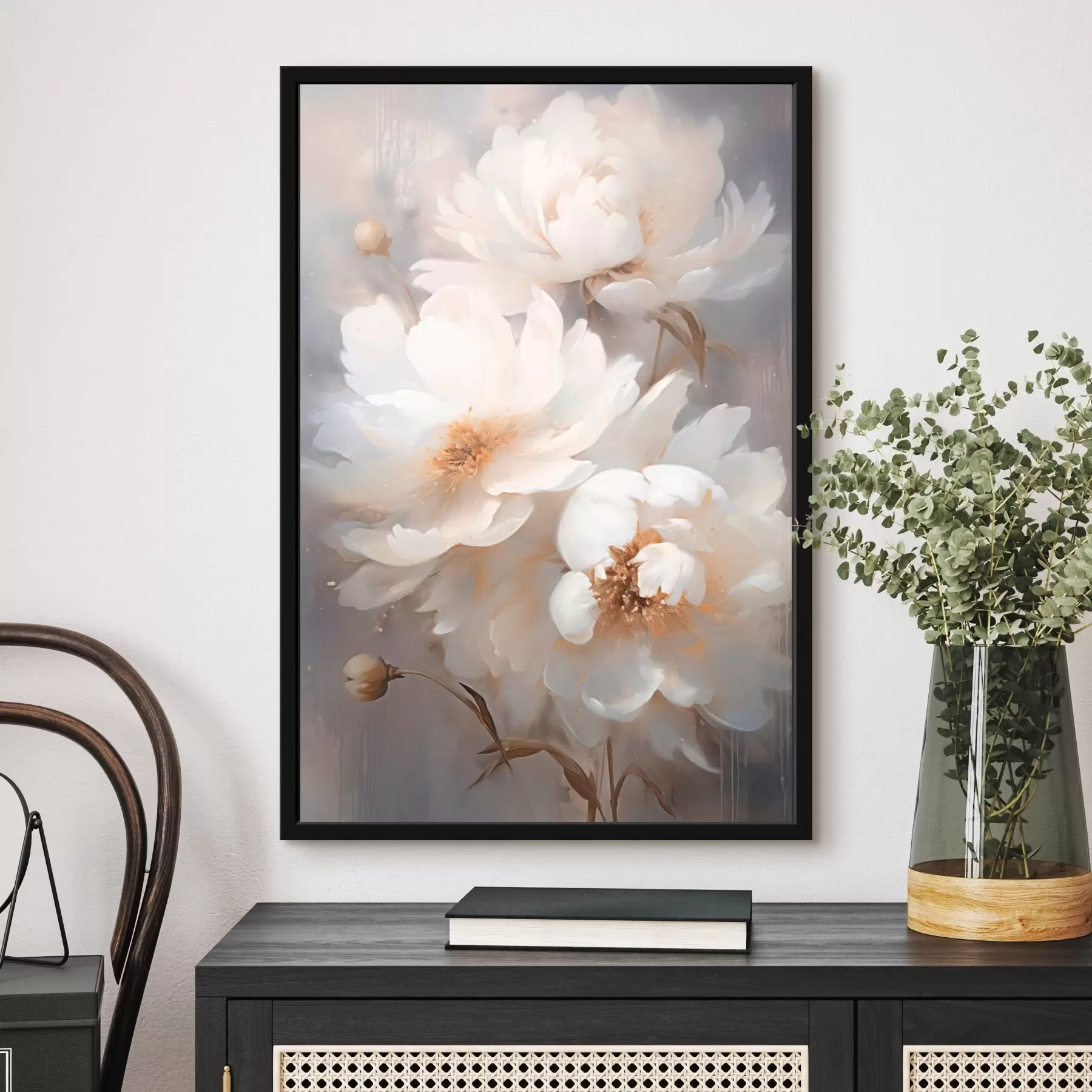 Fotobehang Witte bloemen en stengels op wazige achtergrond f43473