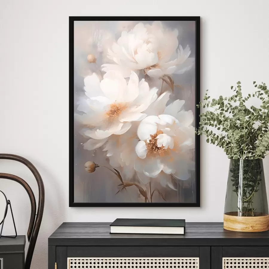 Fotobehang Witte bloemen en stengels op wazige achtergrond f43473