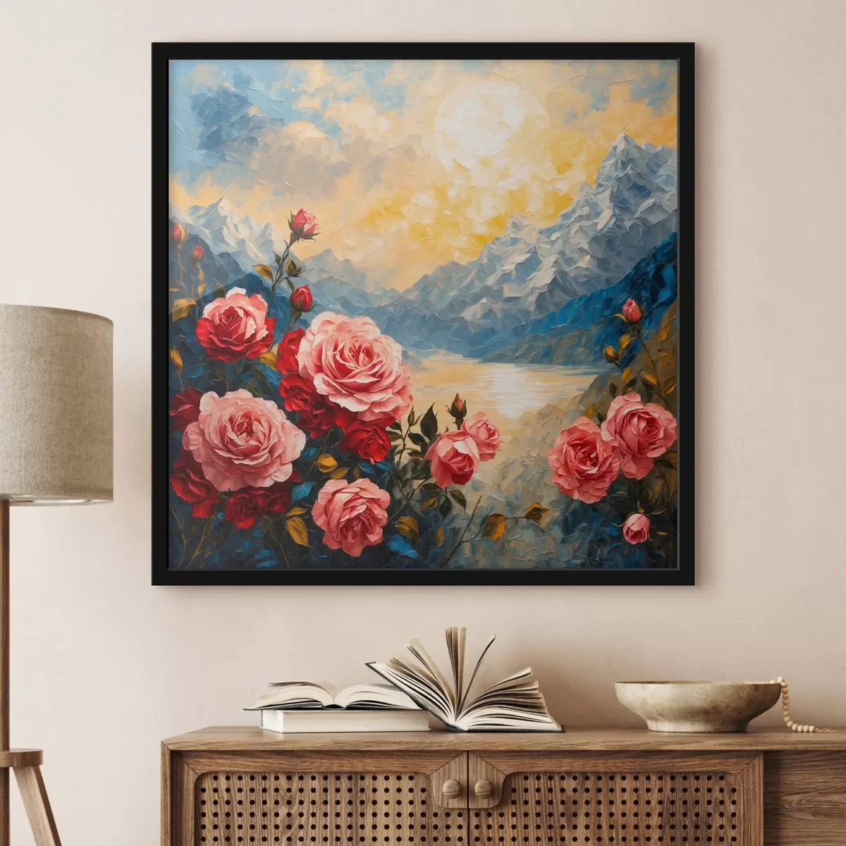 Affiche Roses sur fond de montagnes dans le style de la peinture à l'huile f43457