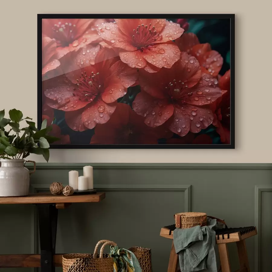 Fotobehang Rode bloemen met dauwdruppels f43878