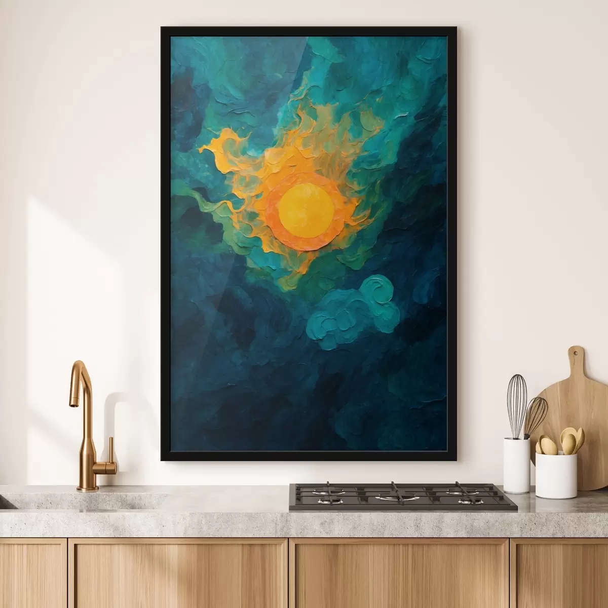 Poster Zon op donkere achtergrond in olieverfschilderijstijl f43459