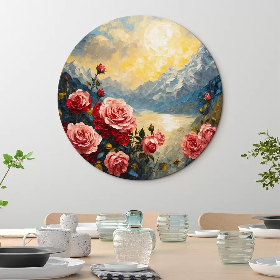  Peintures Roses sur fond de montagnes dans le style de la peinture à l'huile r43457