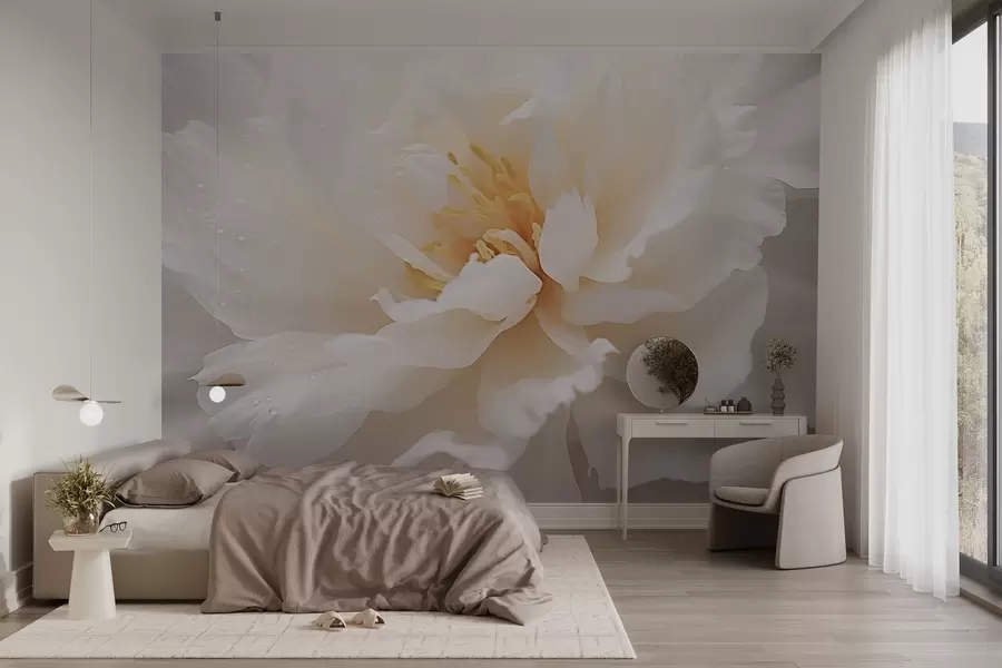 Fotobehang Bloeiende pioenbloem met dauwdruppels w03602