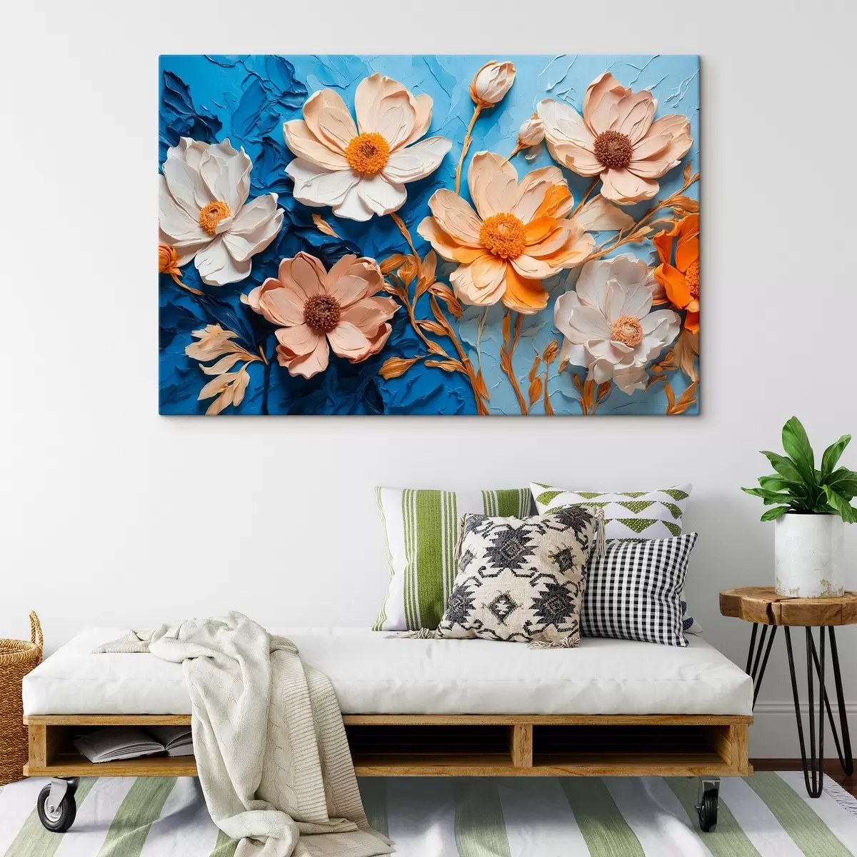  Peintures Fleurs blanches sur fond bleu s43446