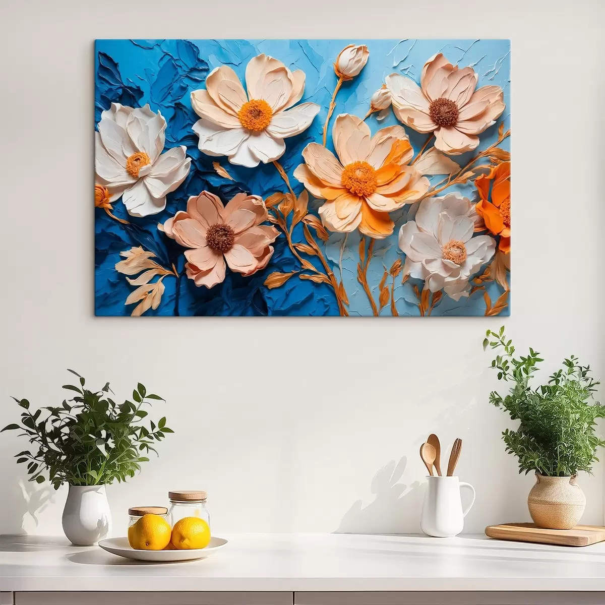  Schilderijen Witte bloemen op blauwe achtergrond s43446